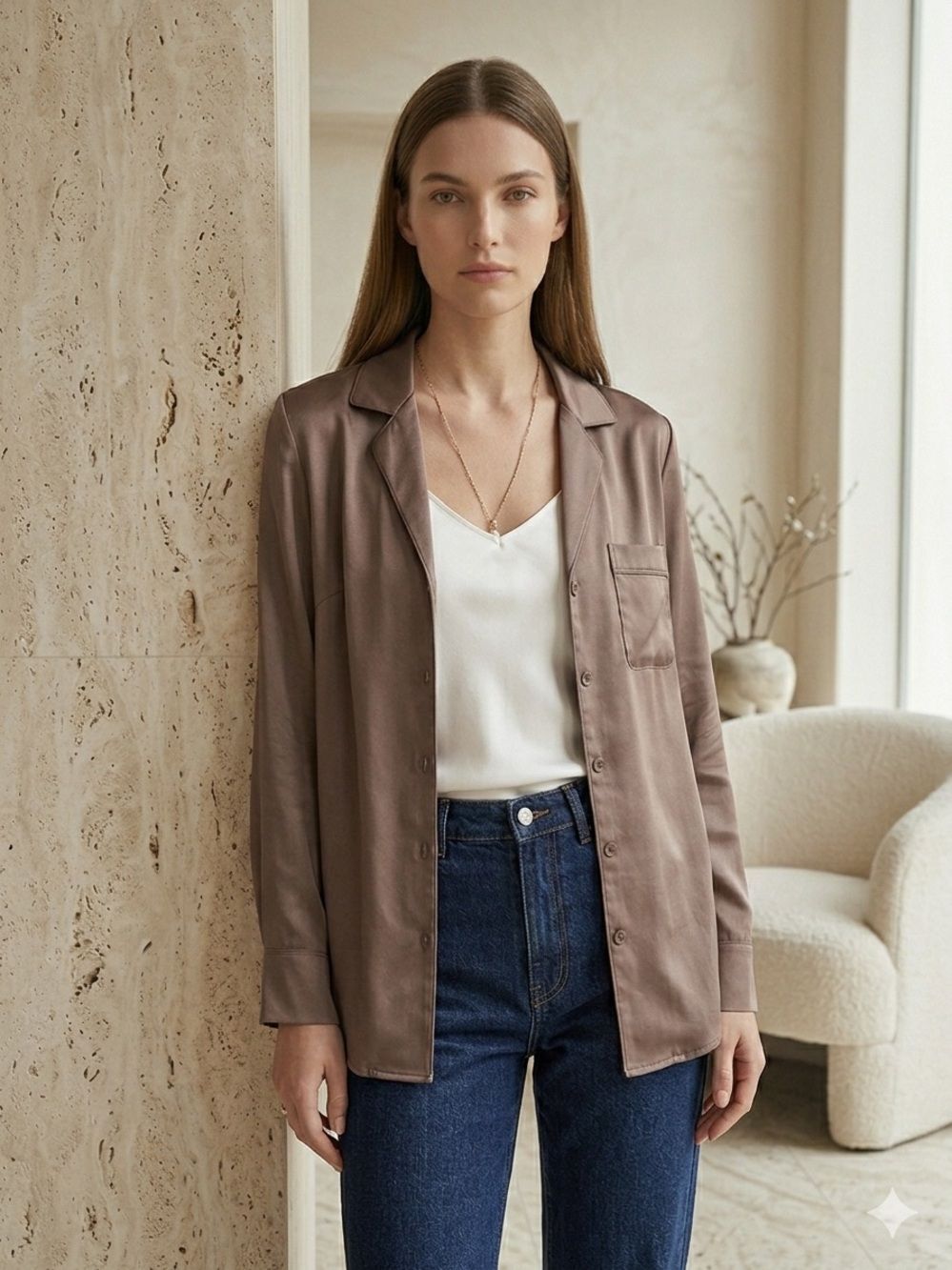 SKIMS Woven Shine Long Sleeve Sleep Shirt - Sienna - Size M - NWT - Picture 6 of 8